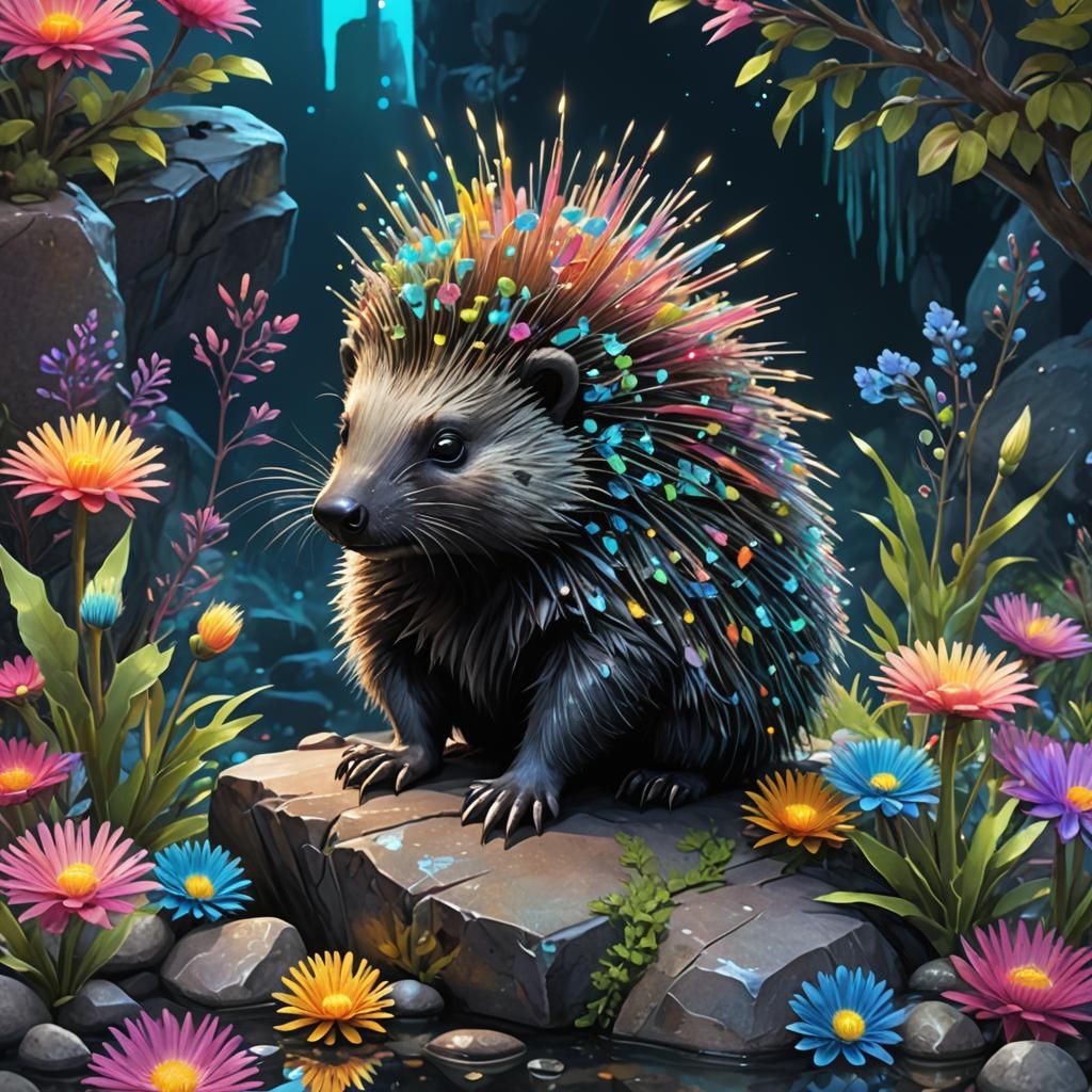 Neon Bioluminescent Porcupine Watercolor Art