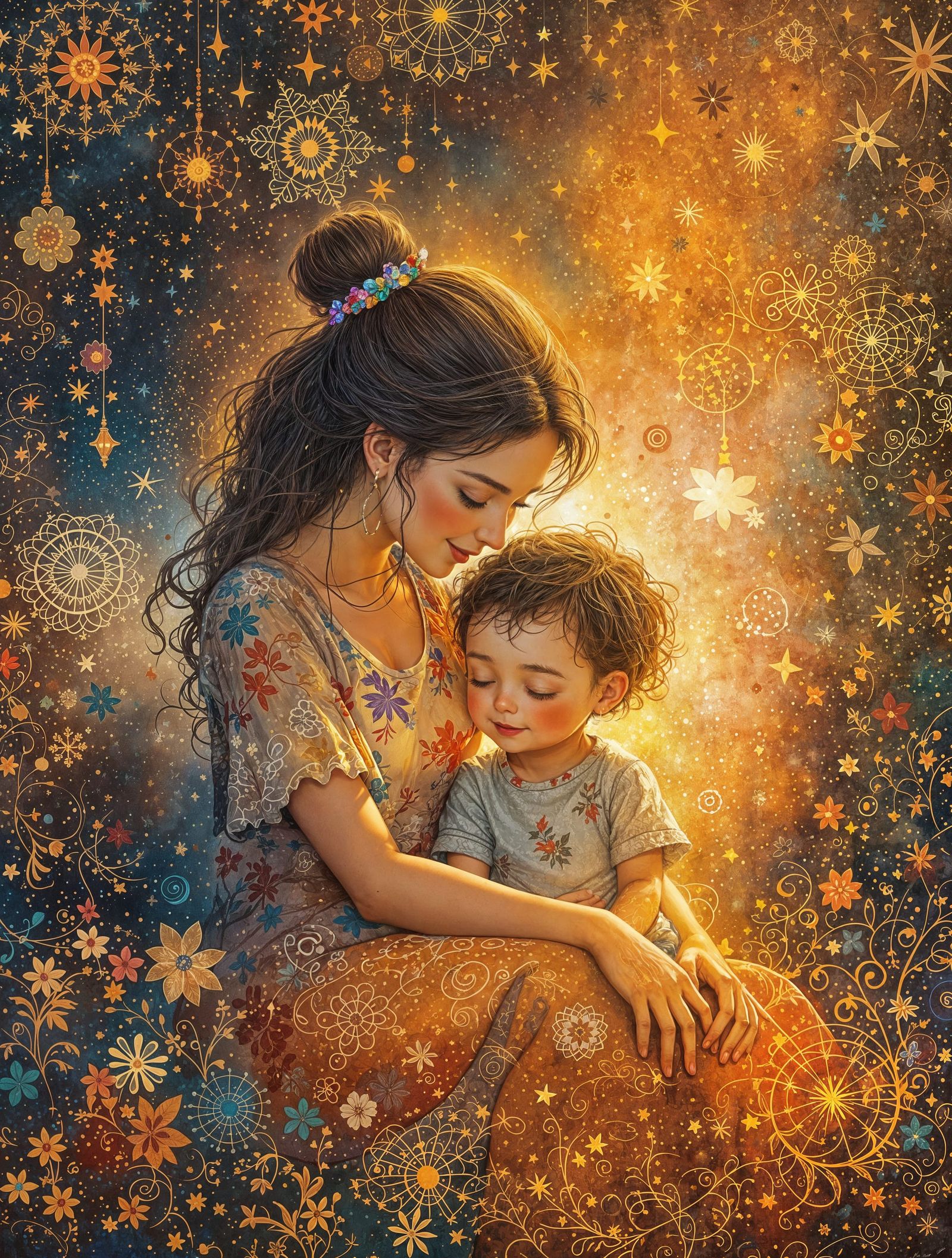 Warm Moment of Mother and Child in Whimsical Style