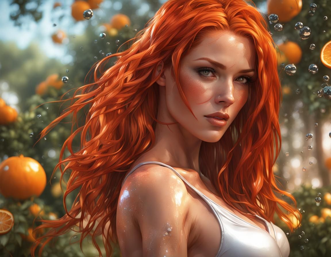 Fantasy Portrait: Redhead in Latex Lingerie, Garden Setting