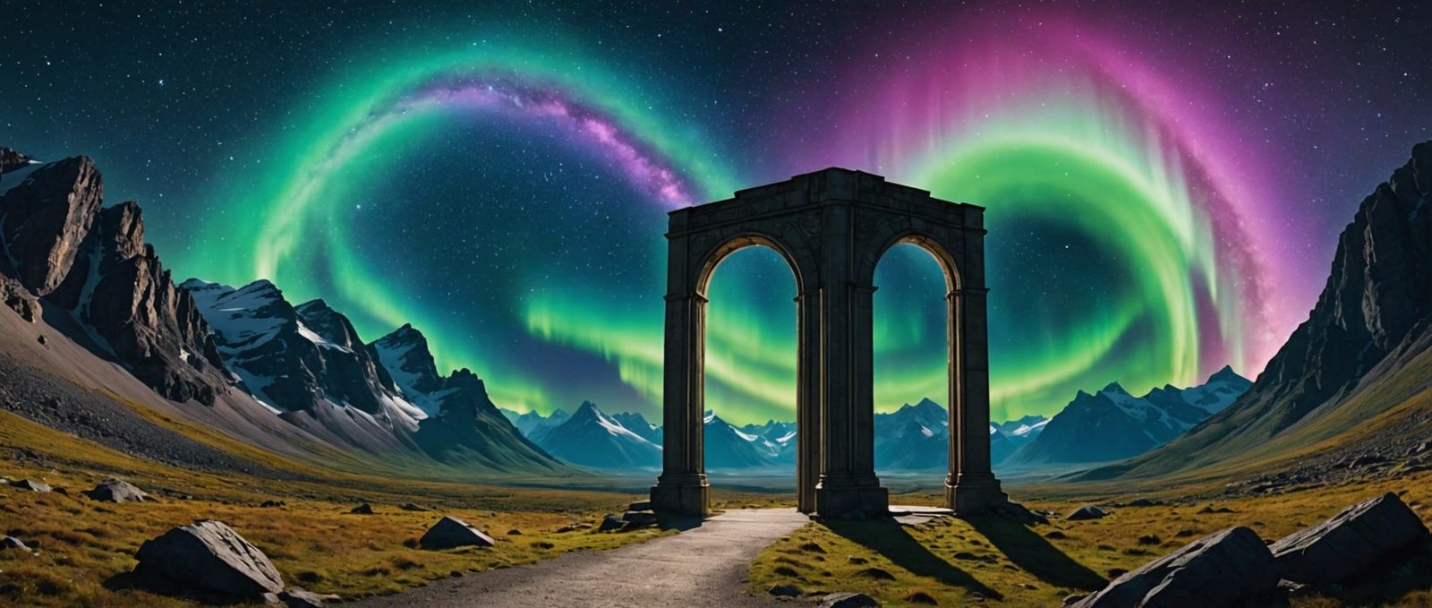 Surreal Space Portal Gateway with Aurora Borealis