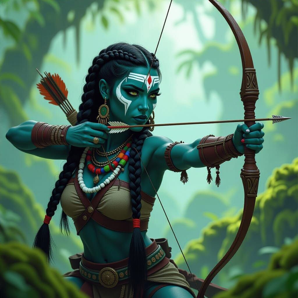 Blue-Skinned Warrior Hunting in Mystical Forest