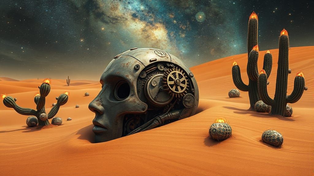 Weathered Automaton Head in Retro-Futuristic Desert