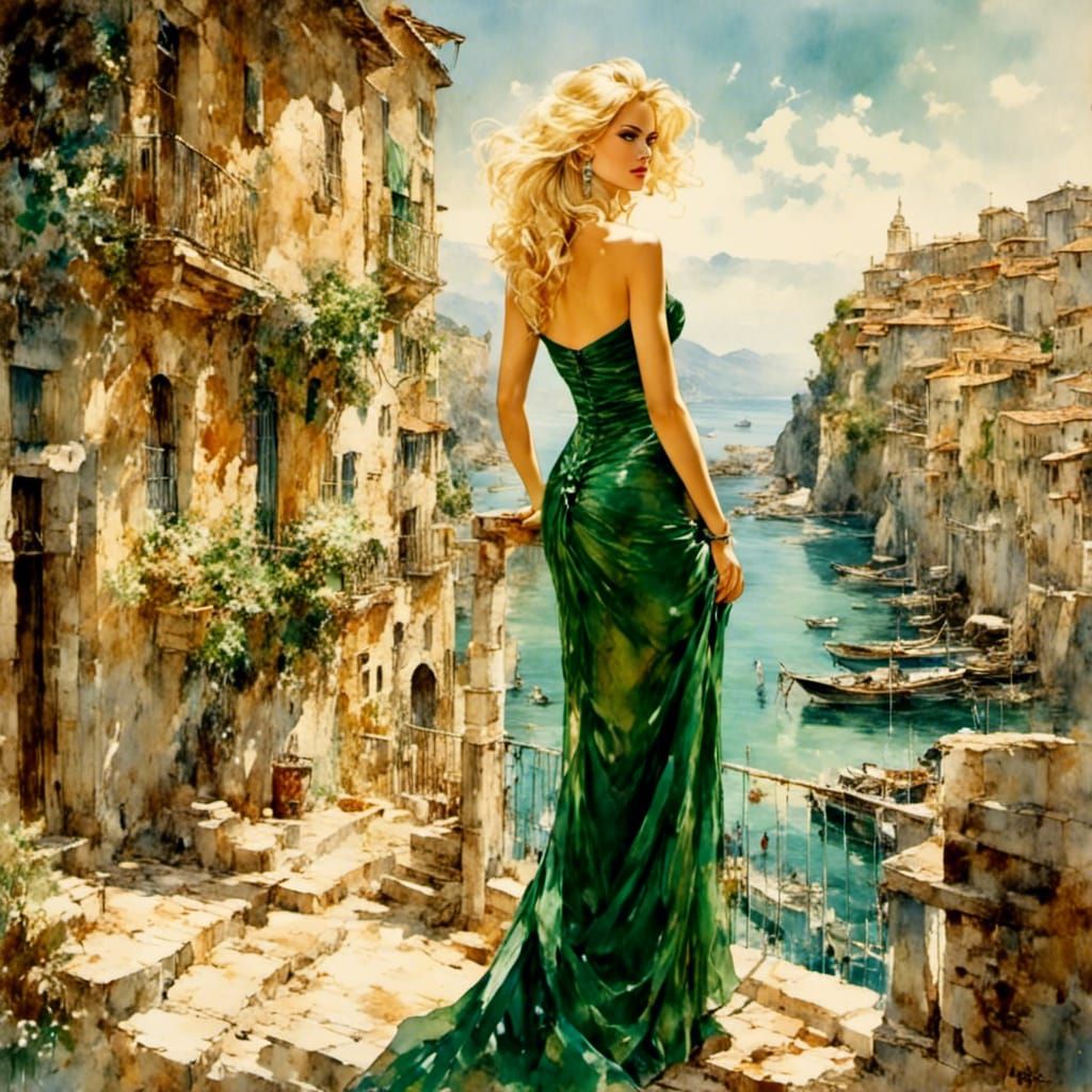 Woman in Green Dress: A Classic Comic Art Painting