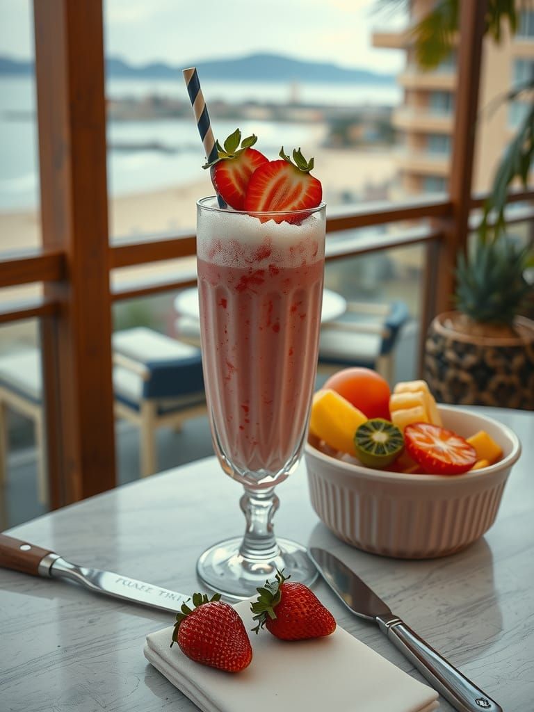 Strawberry Milkshake with Fruit on Beachside Balcony