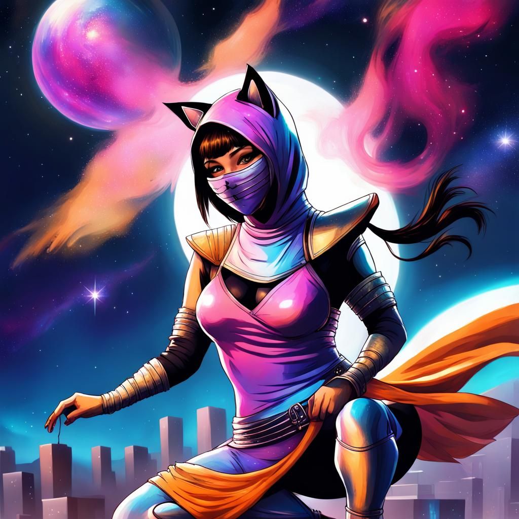 Galaxy Ninja Cat in Comic Book Style