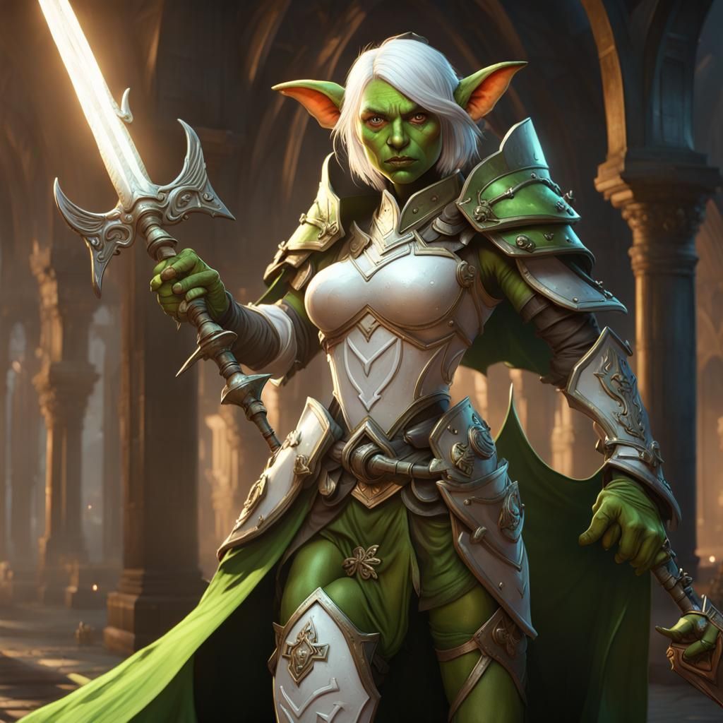 Female Goblin Paladin in Shining Armor