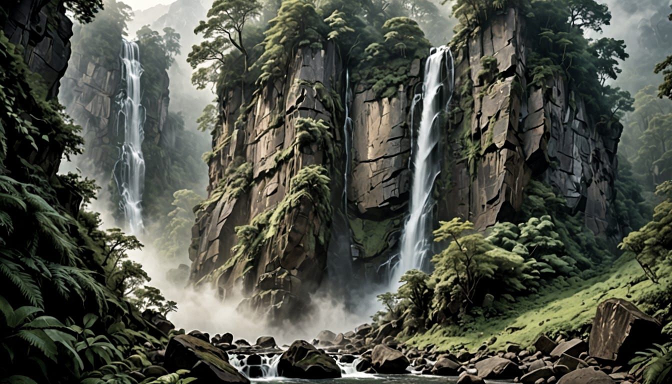 Breathtaking Waterfall in Lush Wilderness: Photorealistic Im...