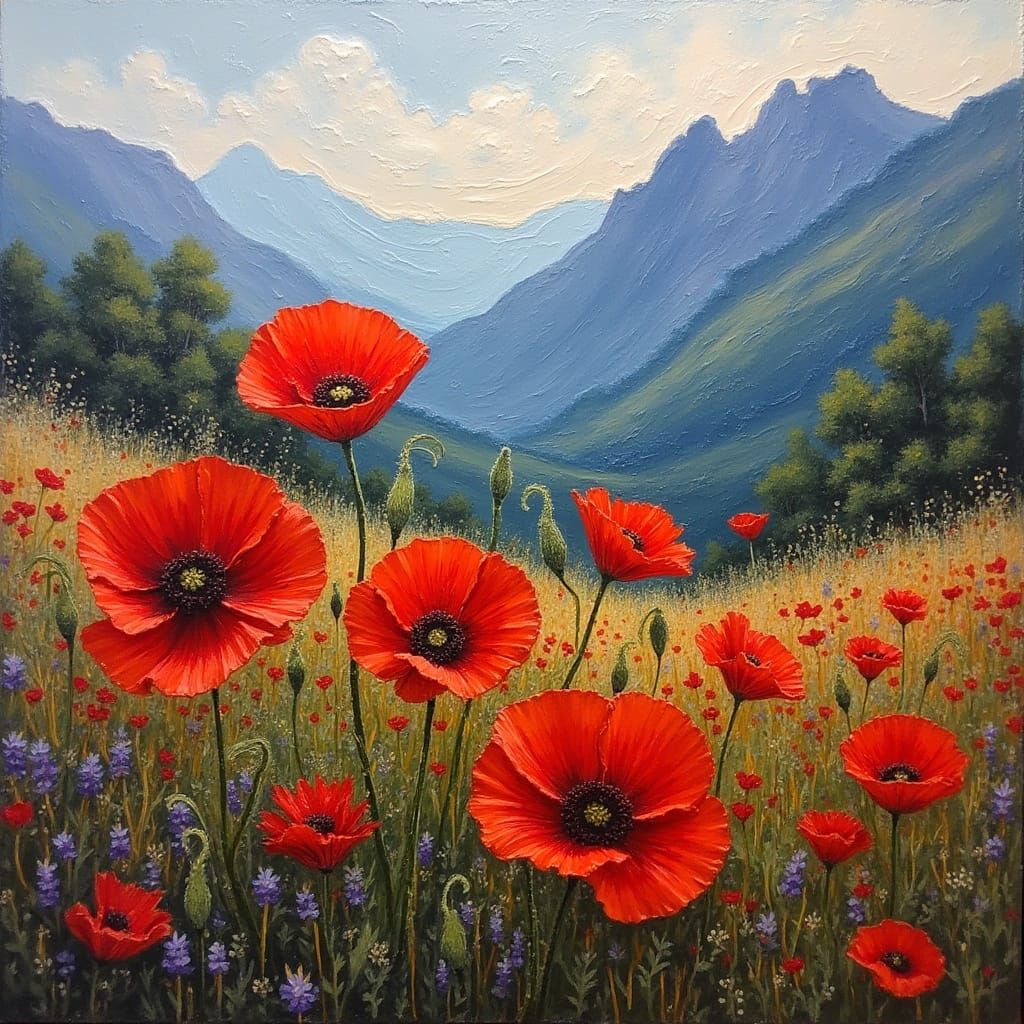 Red Poppies in Mountain Landscape: Impasto Oil Painting