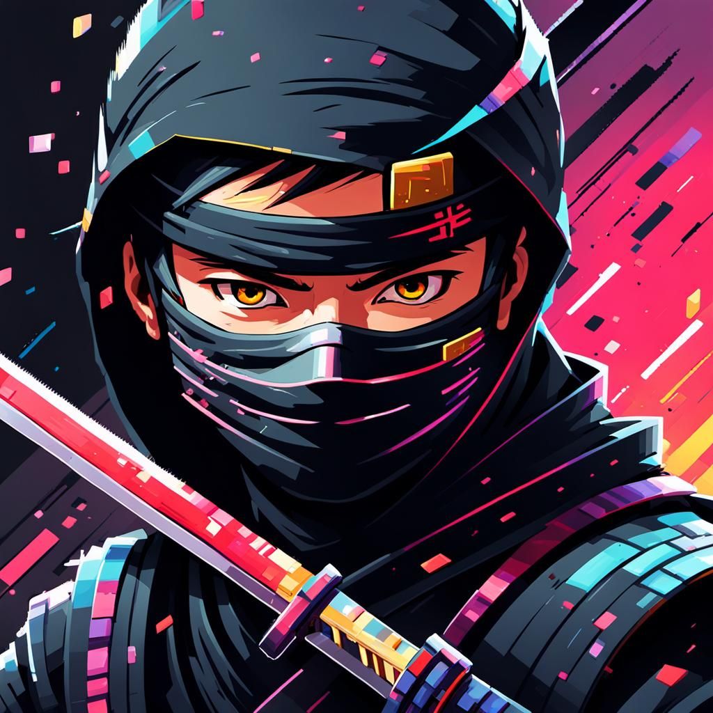 Pixel Art Ninja in Stealth Black, Inspired by Takeshi Murata...