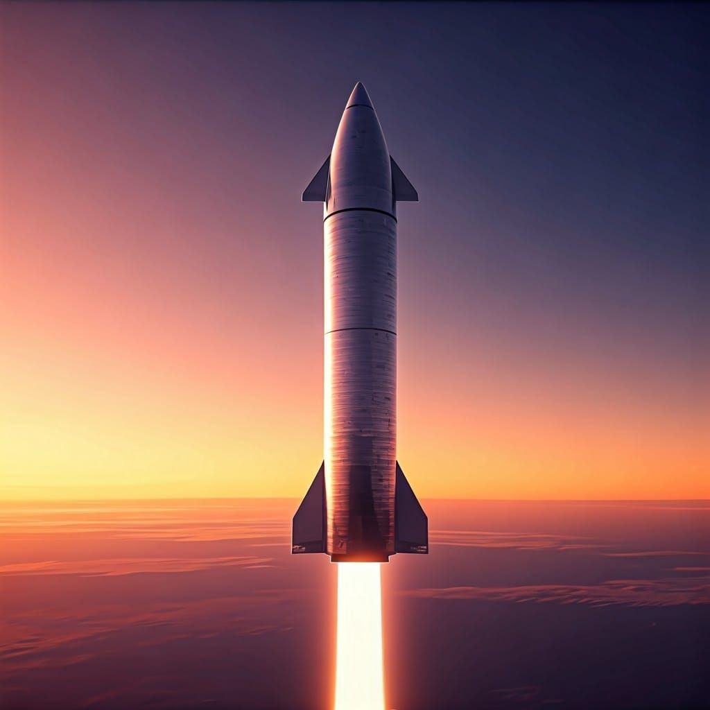 Serenity Awaits: SpaceX Starship Pierces the Sunset Sky