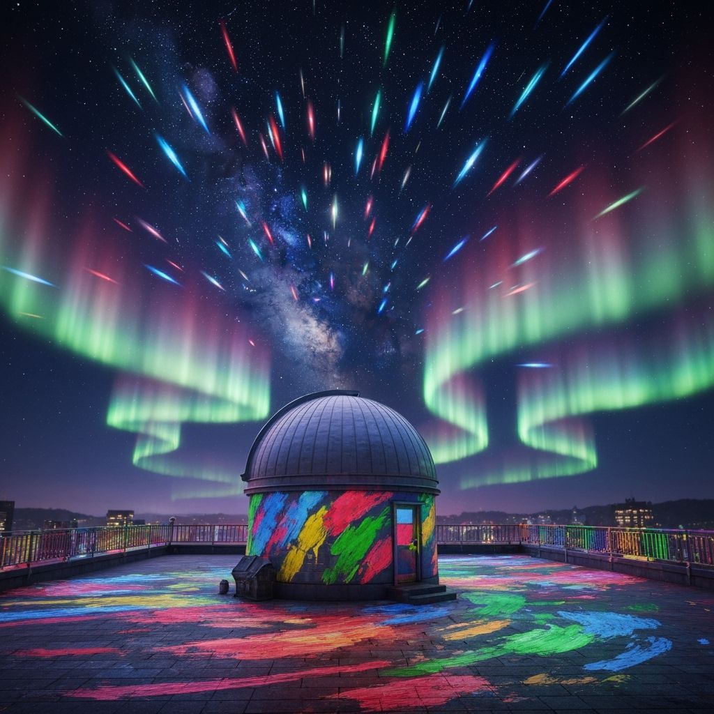 Multicolor Observatory Rooftop Under Exploding Night Sky