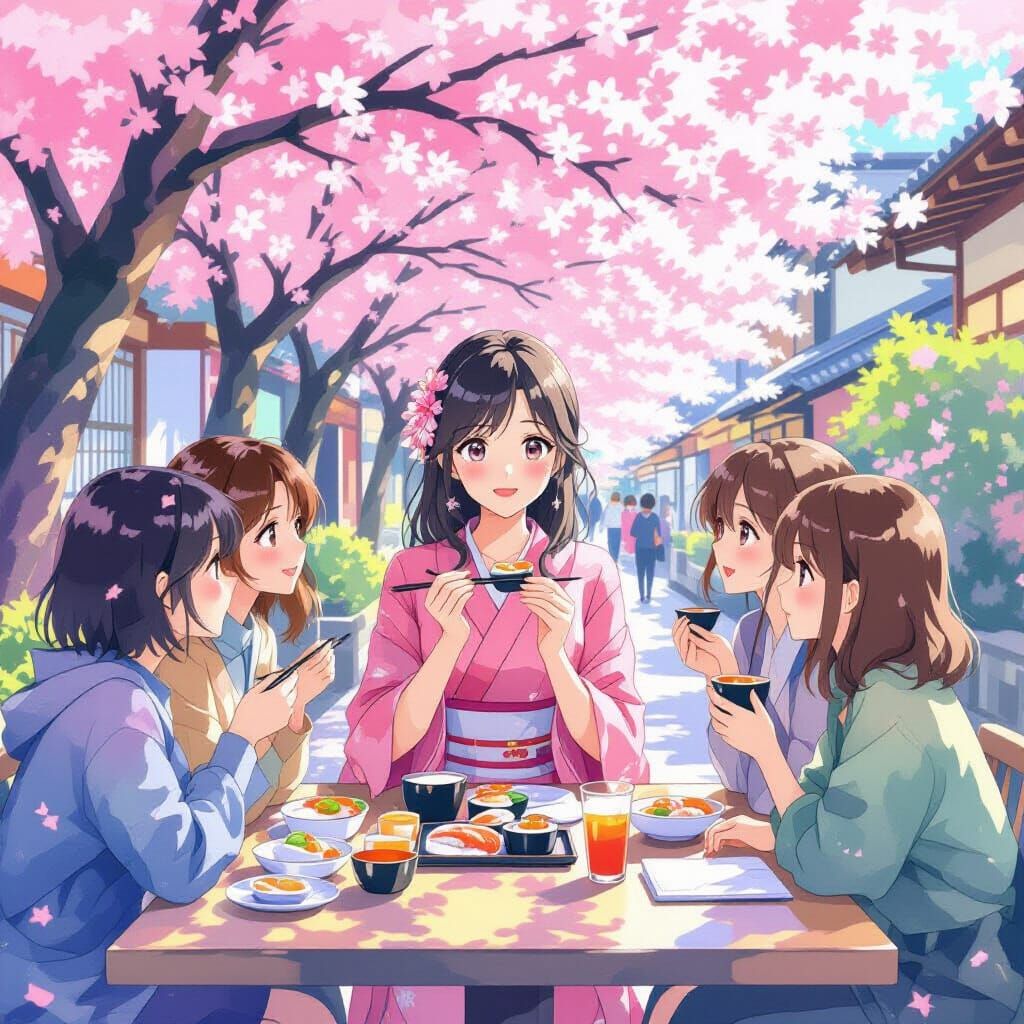 Anime Girl with Friends Enjoying Sushi Under Cherry Blossoms