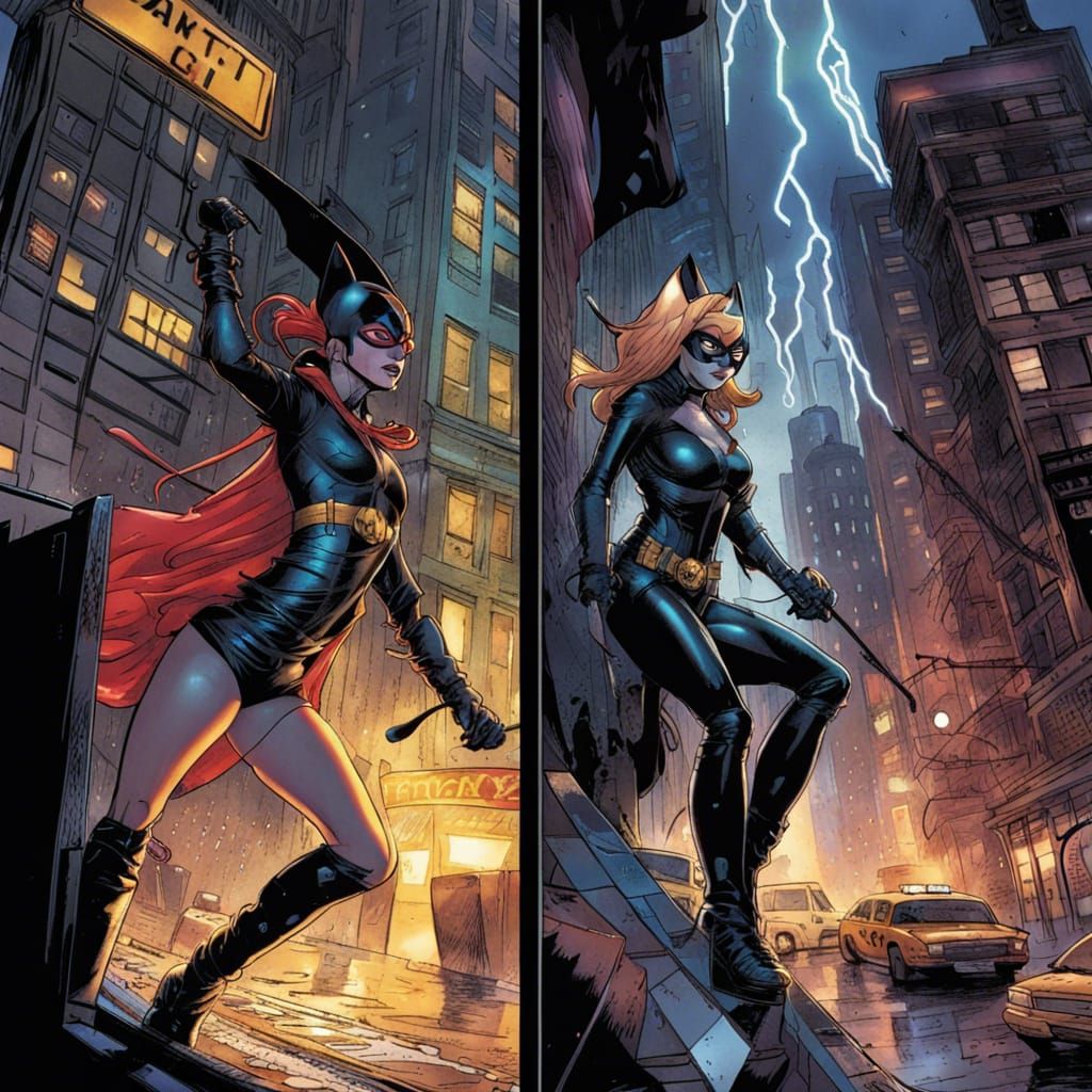 Batgirl versus Harley Quinn a leather whip fight torn clothes lightning above raining in Gotham City Catwoman watching h...