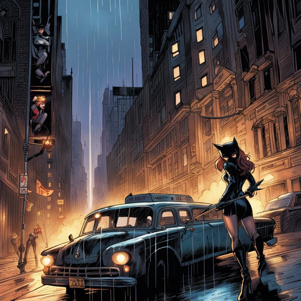 Batgirl versus Harley Quinn a leather whip fight torn clothes lightning above raining in Gotham City Catwoman watching h...
