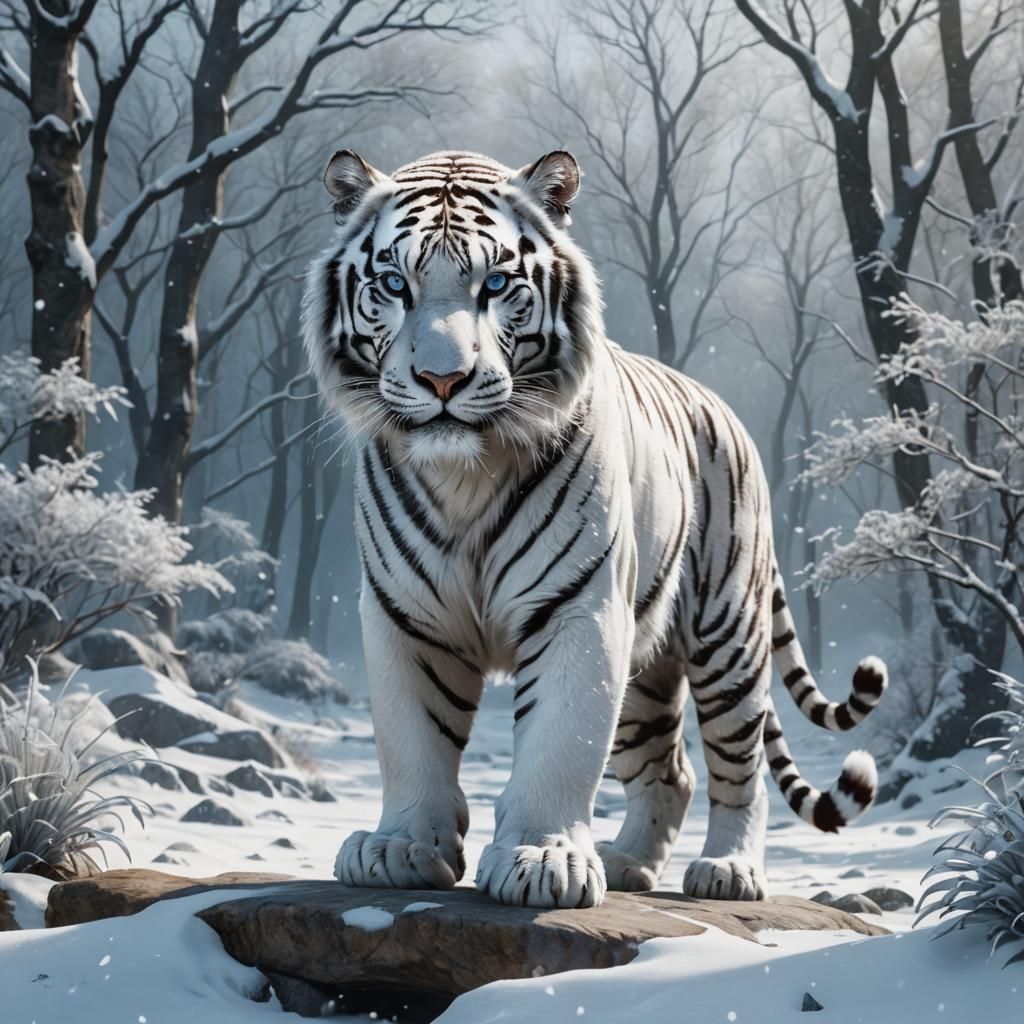 Crystalline White Tiger in Snowy Landscape