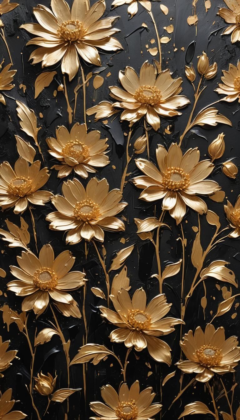 Grunge Flowers with Golden Highlights on Black Canvas