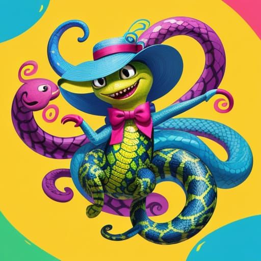 Whimsical Snake Dancer in a Hat and Bowtie