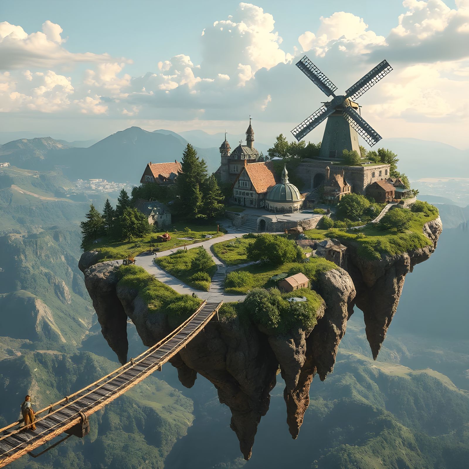 Futuristic Solarpunk Island Village with Windmill