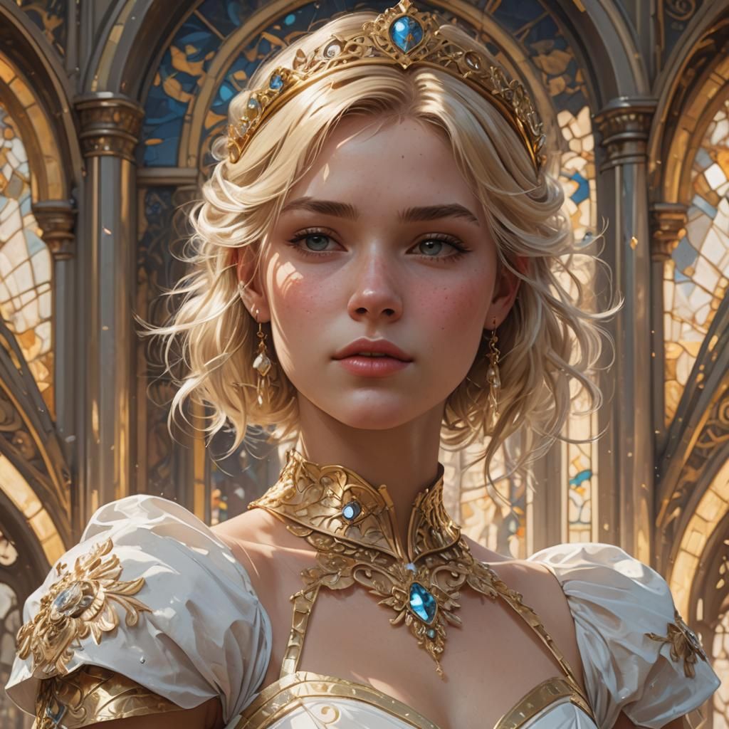 Blonde Girl in White Dress, Detailed Portrait