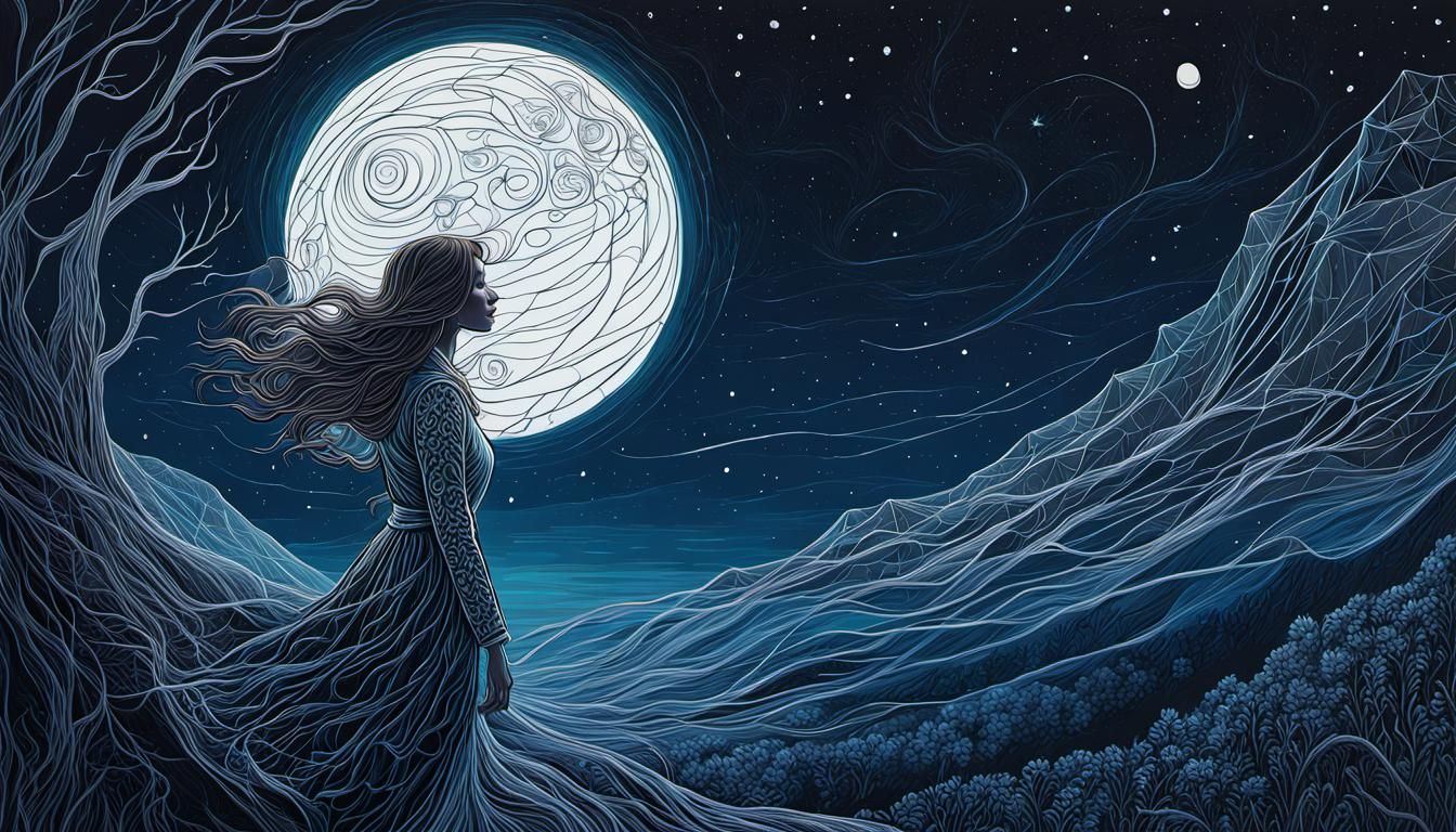 Moonlit Girl: Detailed Line Art in Wonderland Style