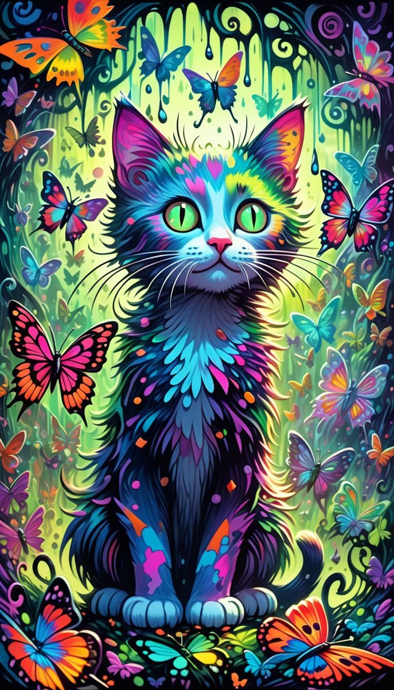 Psychedelic Kitten Surrounded by Butterflies