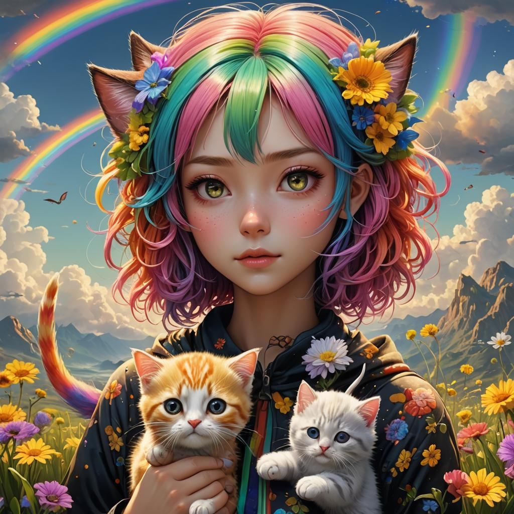 Anime Girl with Kitten, Realistic Digital Portrait