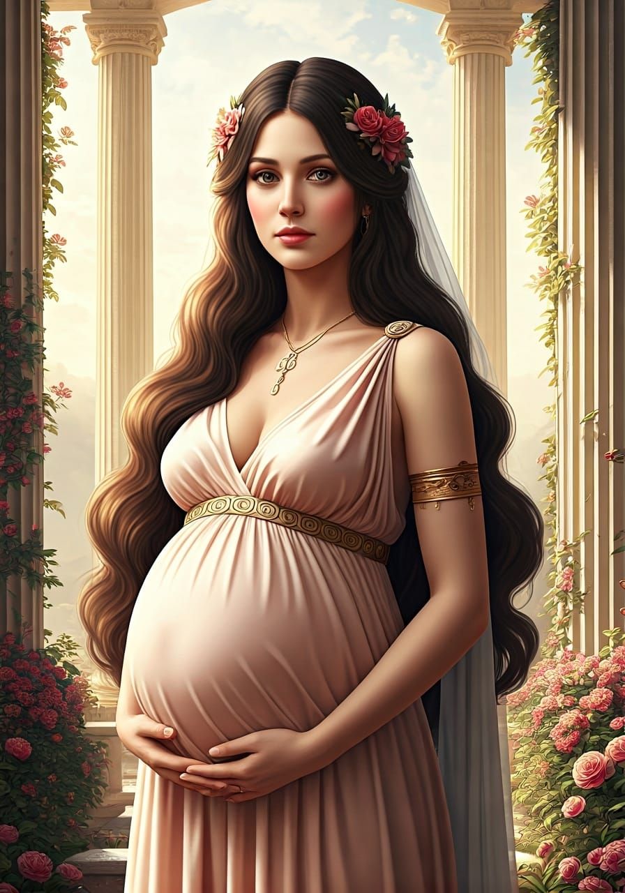 Pregnant Goddess in Olympus Garden: 3D Anime Art