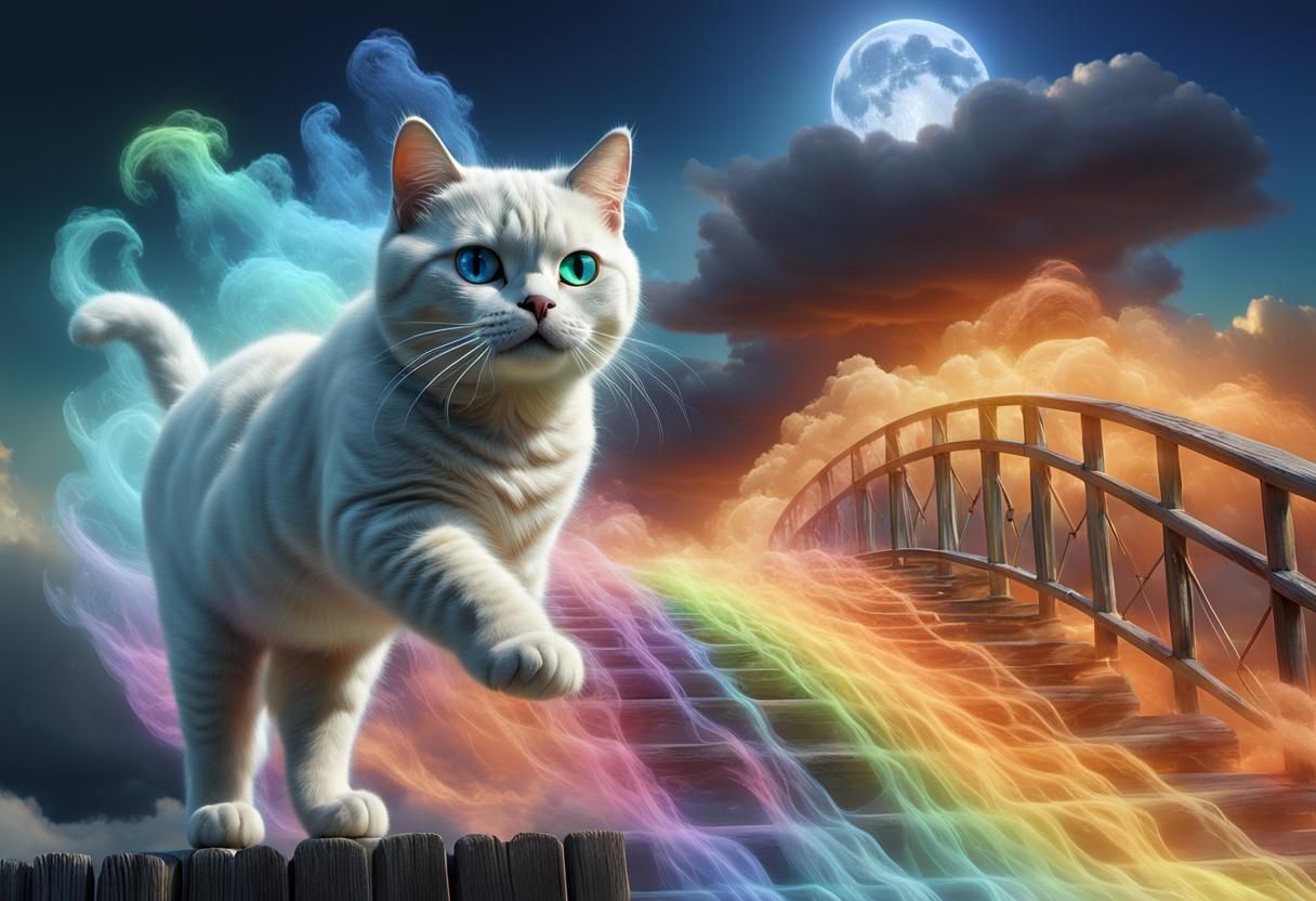 Bioluminescent Cloud Cat Races Across Rainbow Bridge