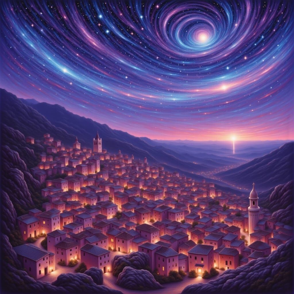 Twilight Hill Town Glows with Cosmic Sky