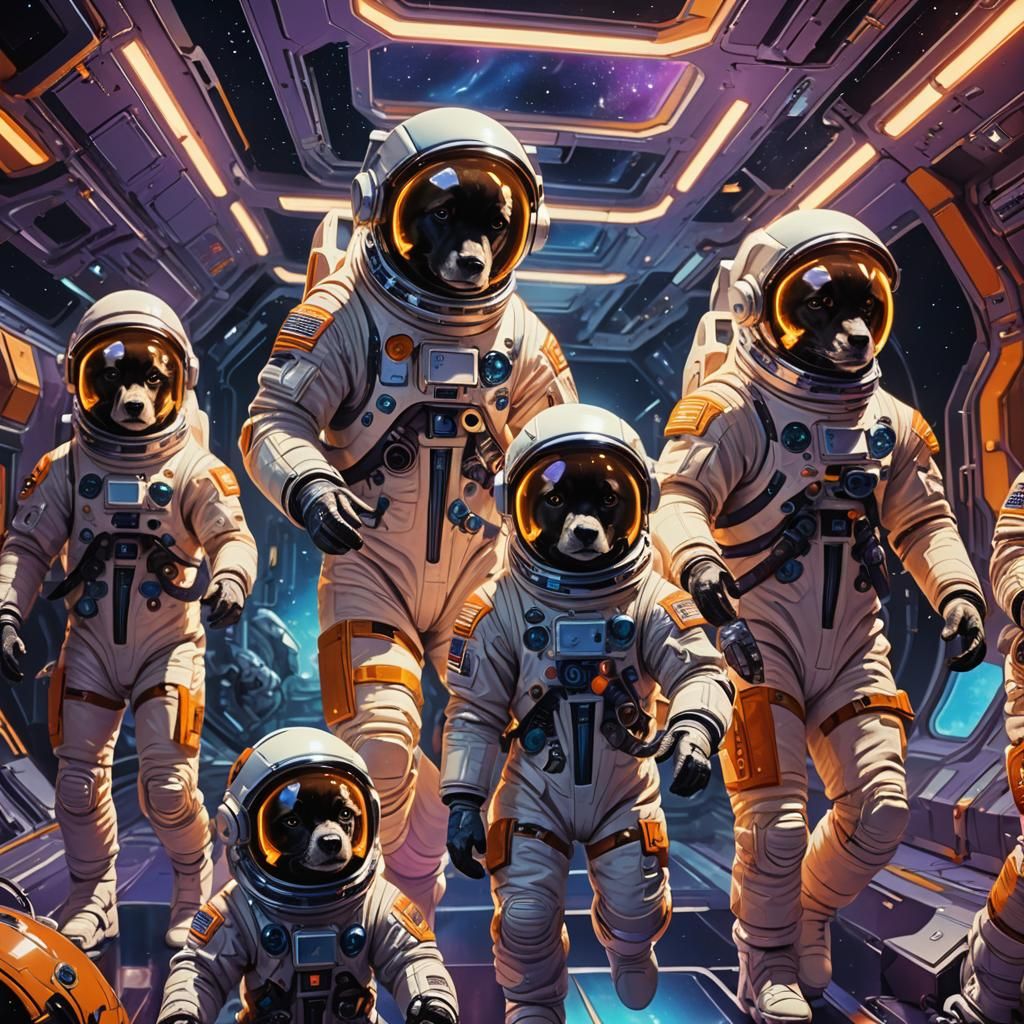 Space Dog Family in Futuristic Sci-Fi Suits