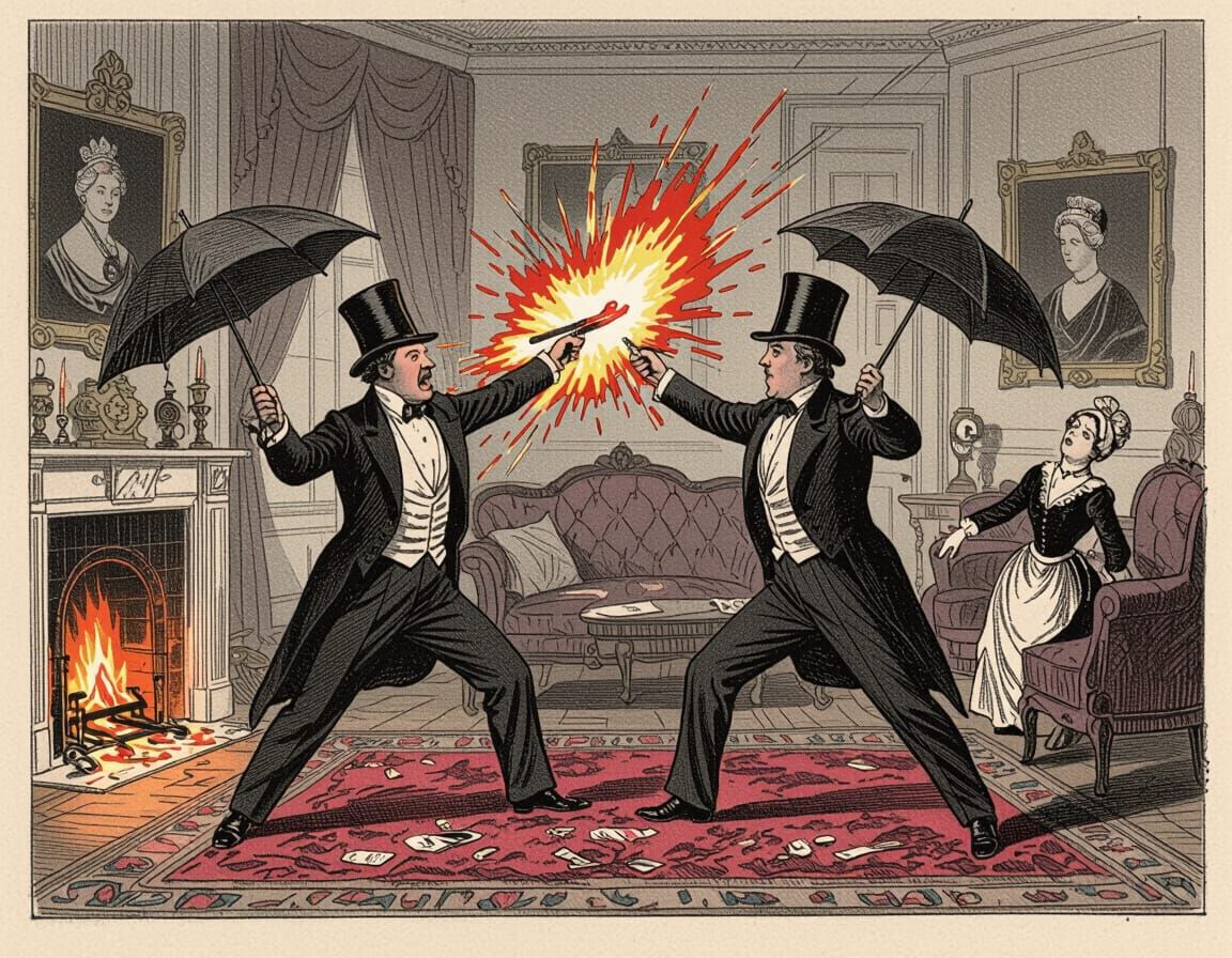 19th-Century Engraving: Gentlemen Duel with Fireplace Tongs