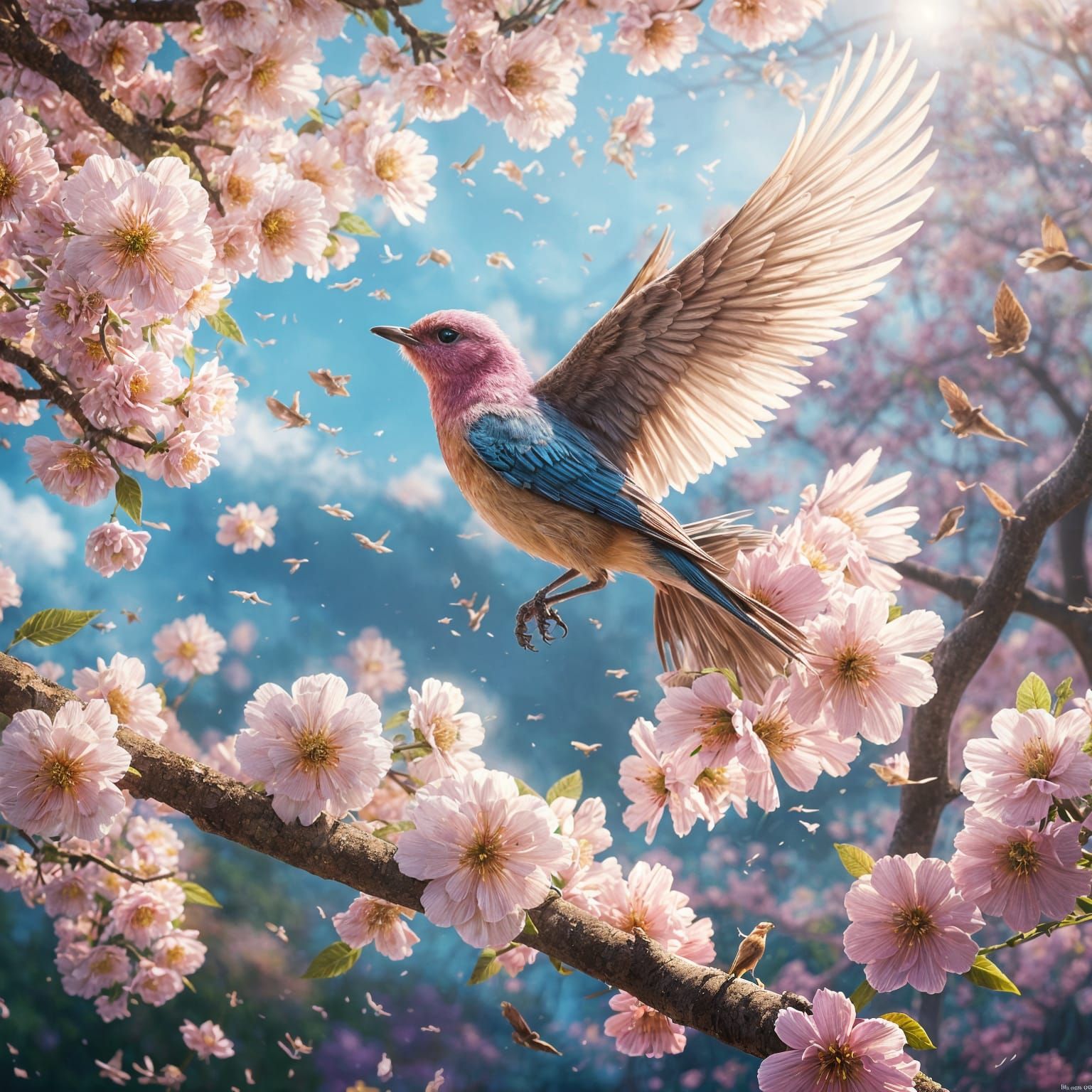 Cherry Blossom Bird in Flight: Detailed Fantasy Art