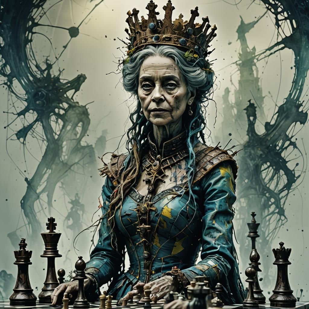 Dramatic Queen Chess Piece in Mixed Media Style