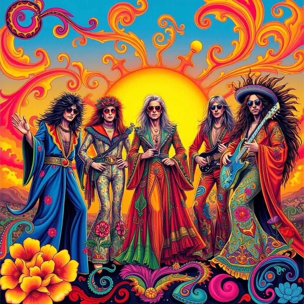 Psychedelic Rock Band Illustration in 1970s Style