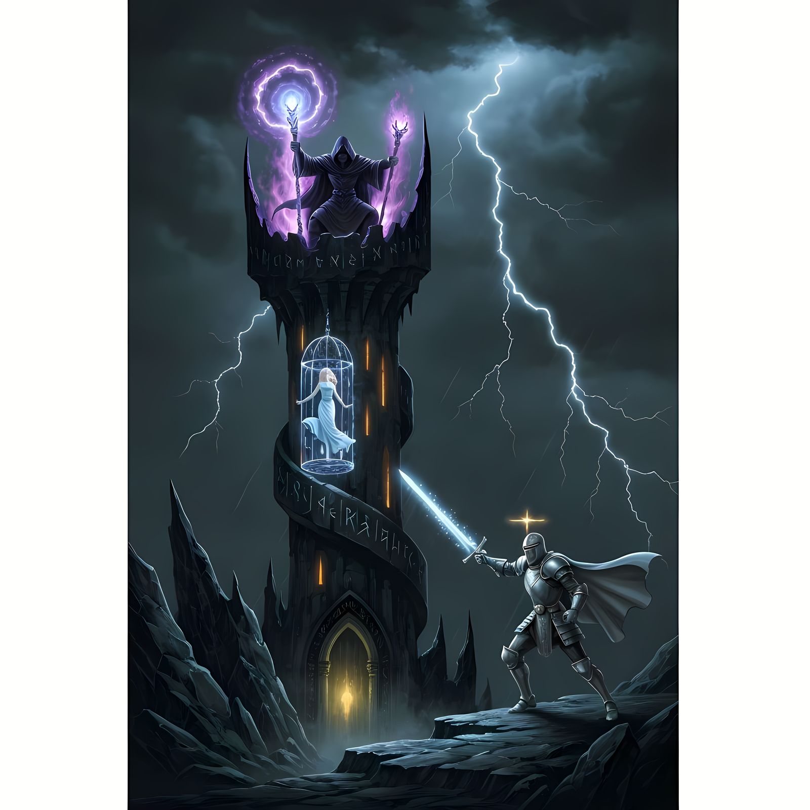 Dark Fantasy: Sorcerer, Lady, and Knight at Obsidian Tower