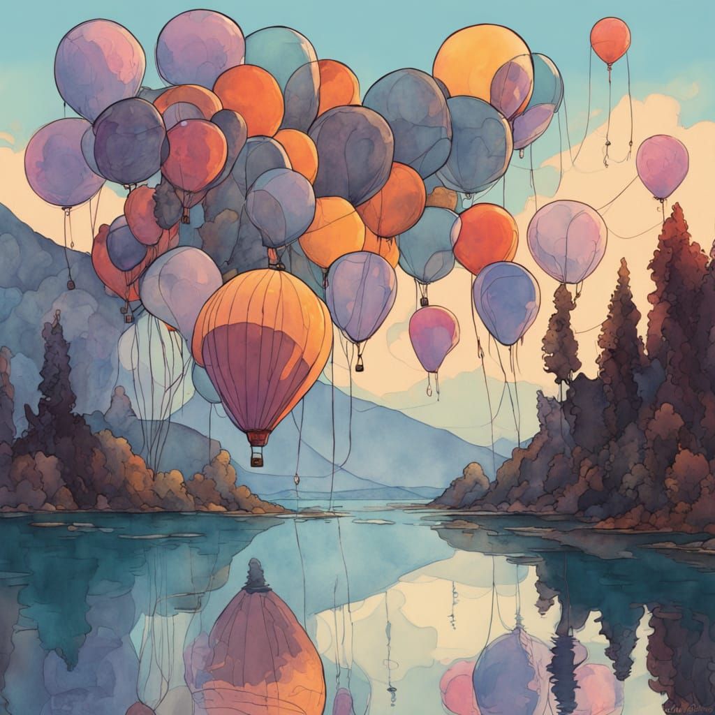 Balloons Over Misty Lake in Watercolor Style