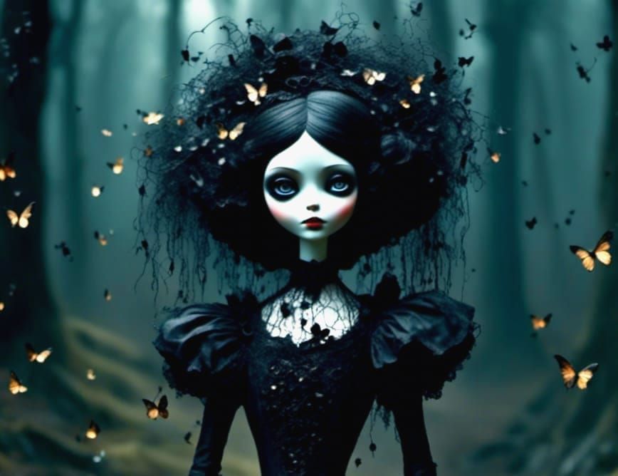 Gothic Doll in Foggy Forest: Photorealistic Mixed Media