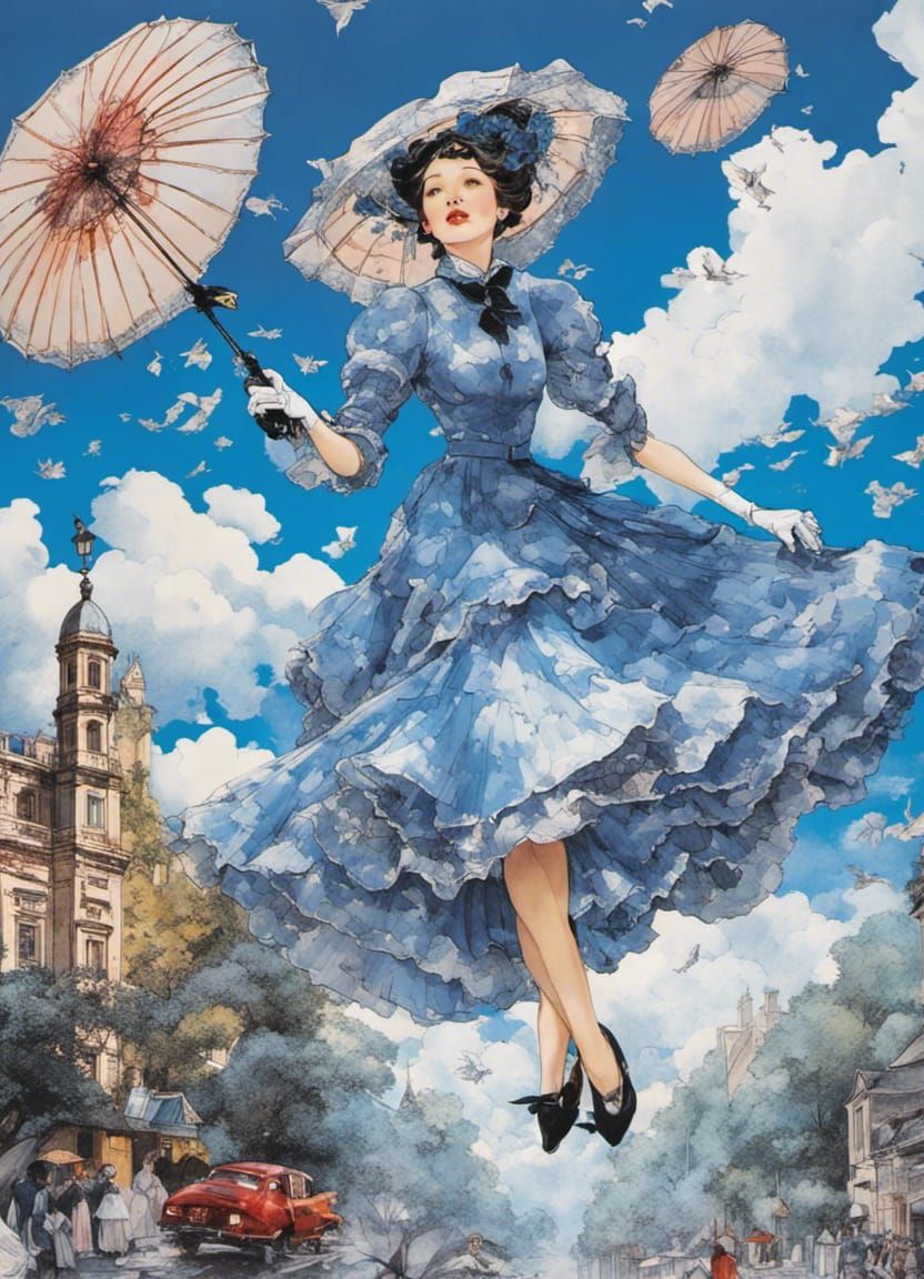Mary Poppins Flying Above Flower Village