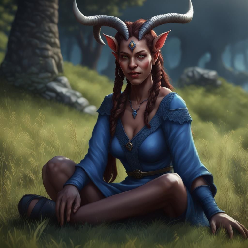 Tiefling Girl Resting in a Fantasy Landscape