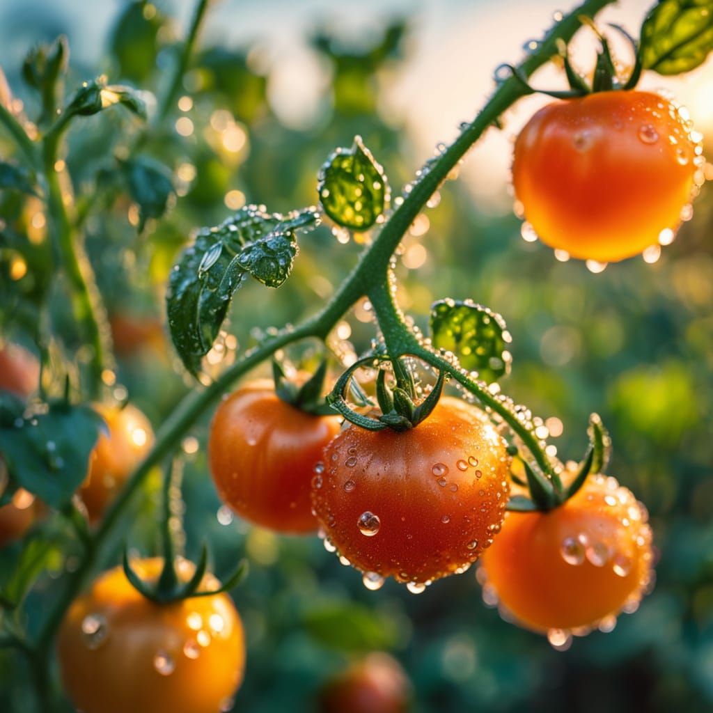 Dew-Kissed Cherry Tomatoes in Oil Painting Style