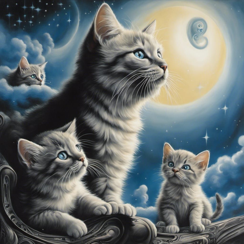 Biomechanical Kittens Playing with Stars, Airbrush Art