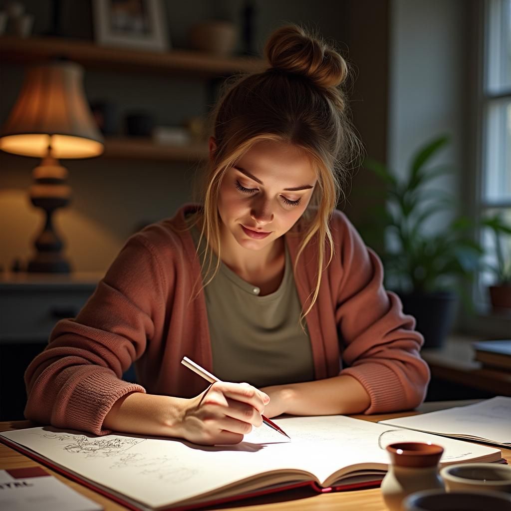 Woman Immersed in Artistic Creation, Impressionistic Style
