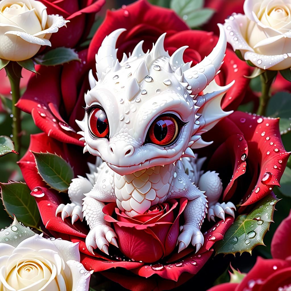 Baby Dragon Sleeps Inside Red Rose