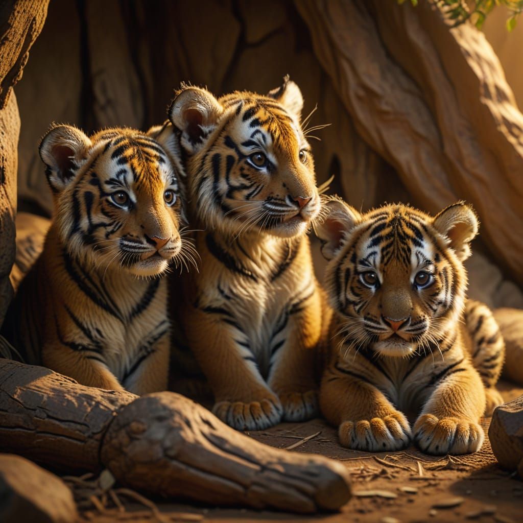 Tiger Cubs in Cozy Den: Hyperrealistic 4K Photography