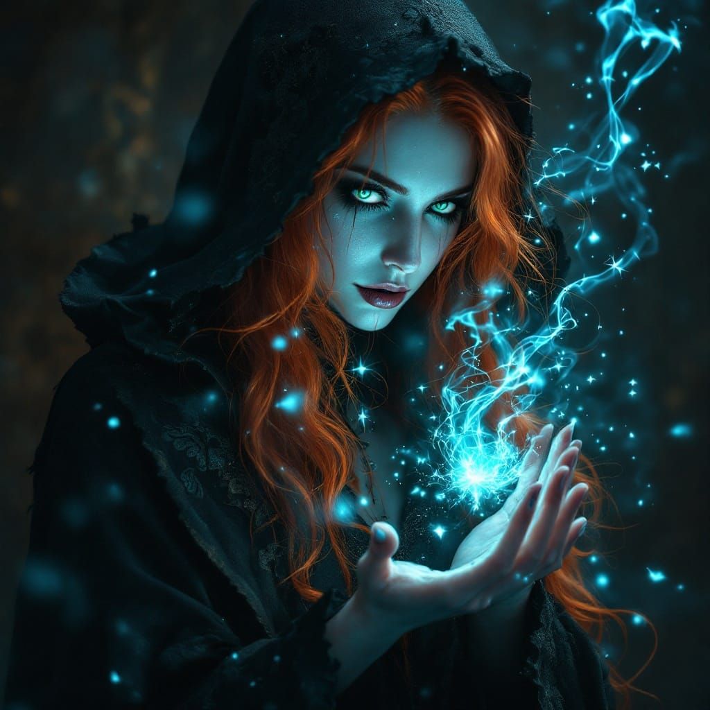 Gothic Sorceress in Fiery Red Hair and Dark Hooded Cloak