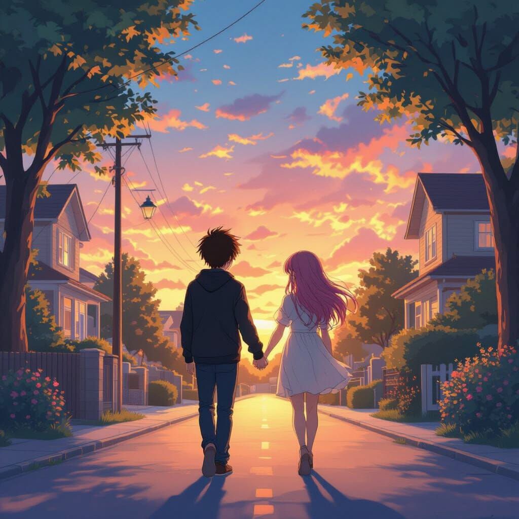 Anime Couple Walking Hand-in-Hand at Sunset
