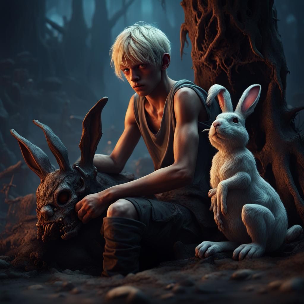 Teenager and Zombie Rabbit: Detailed Fantasy Art