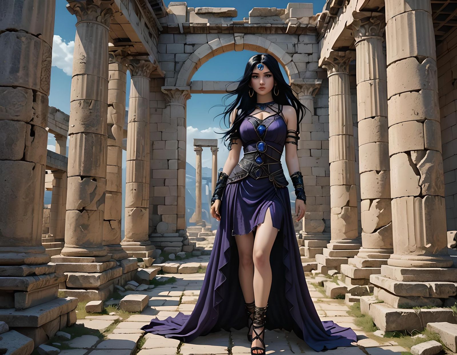 Gothic Heroine in Ancient Ruins with Magic Portal