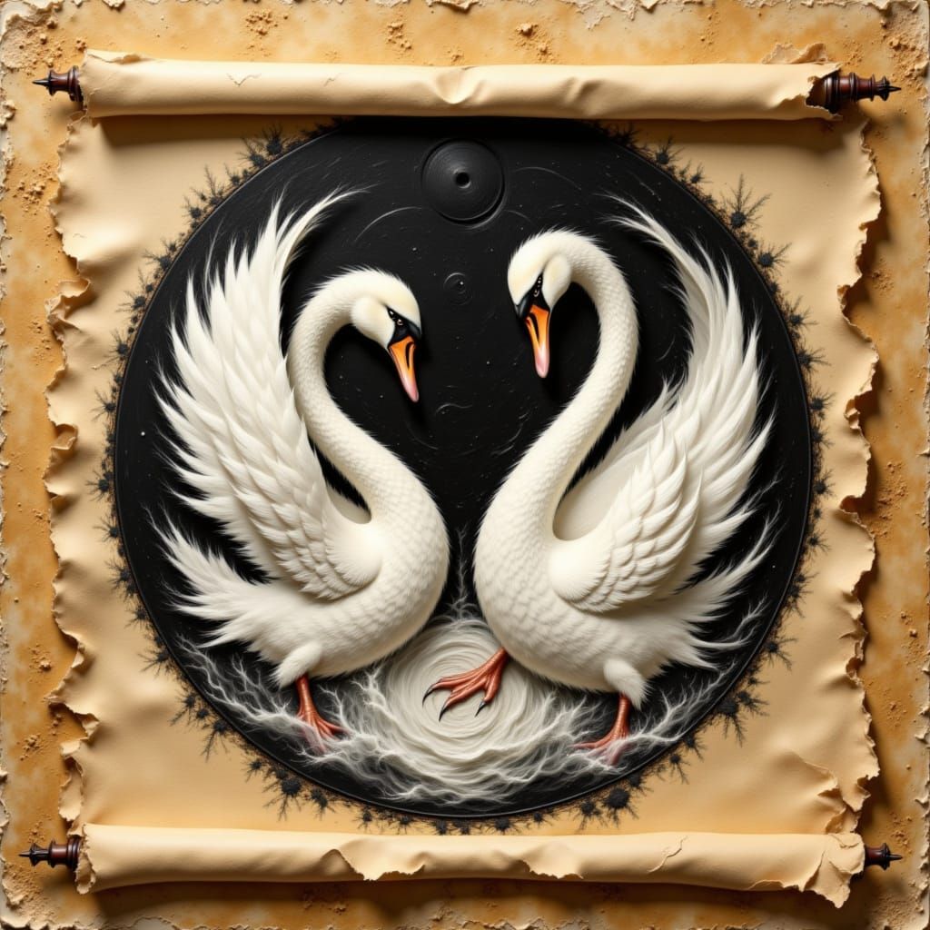 Ancient Scroll Features Swans in Yin Yang Design