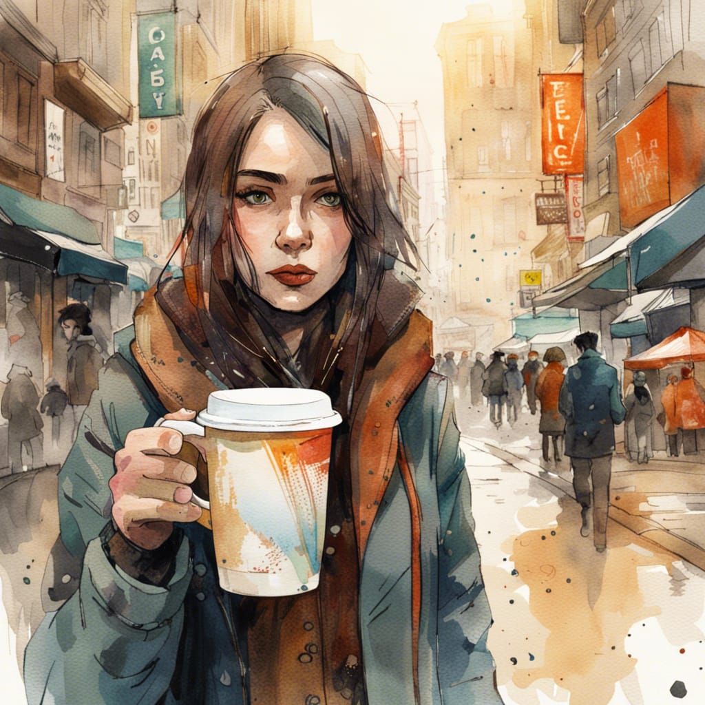 Detailed Watercolor of Woman with Coffee in City